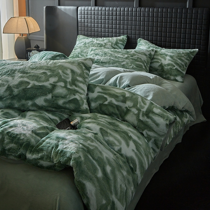 缘生活 2025新款消光印花绒四件套年轻时尚 消光印花绒-绿色