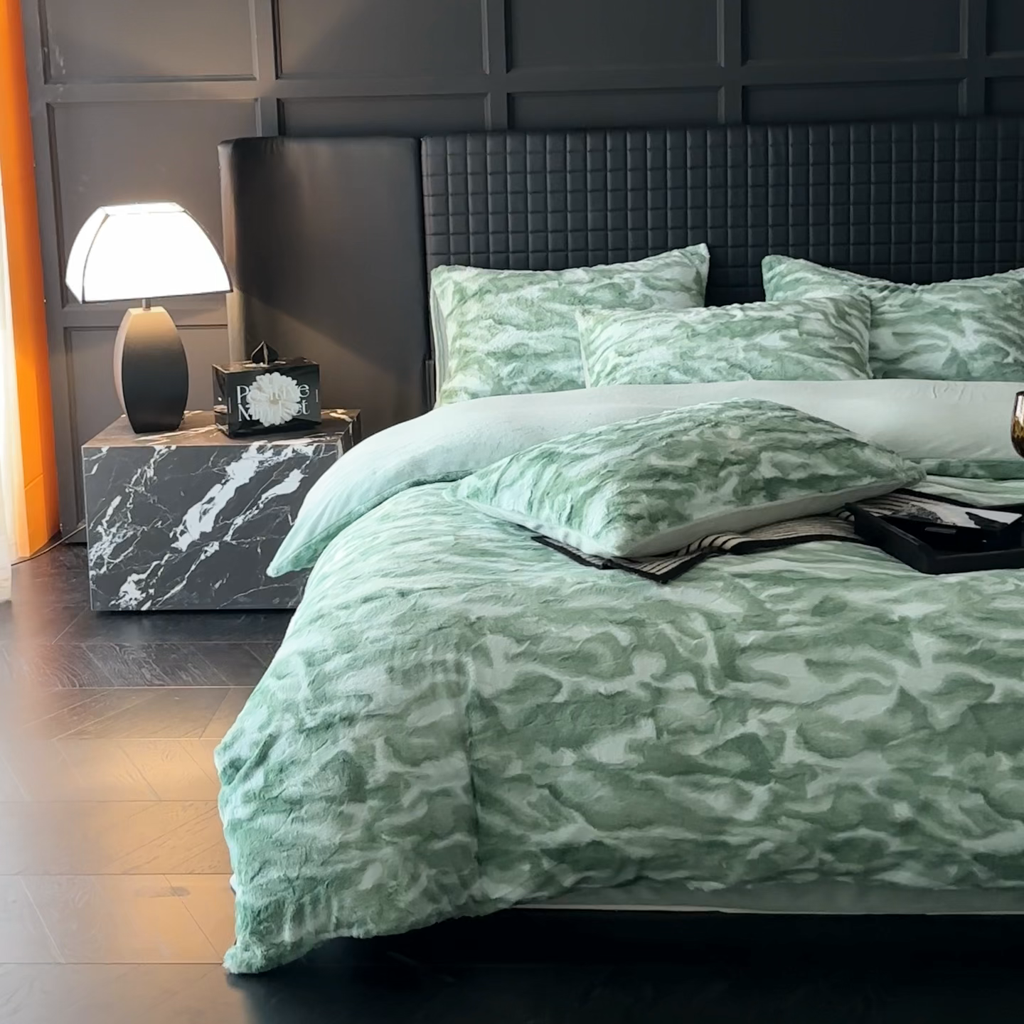 91家纺网 家纺一手货源 找家纺 缘生活 2025新款消光印花绒四件套年轻时尚 消光印花绒-绿色