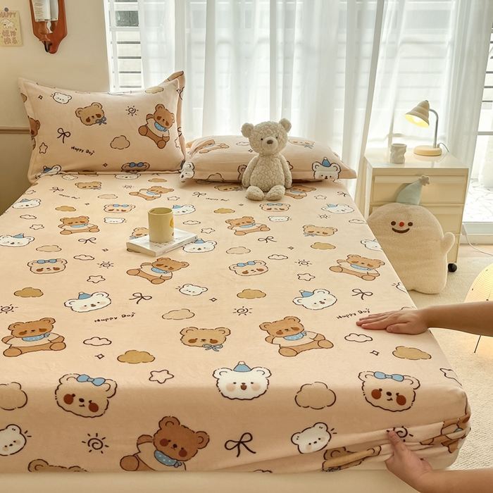 寻米 2025新款高克重加厚保暖牛奶绒床笠-大床图 布朗尼熊