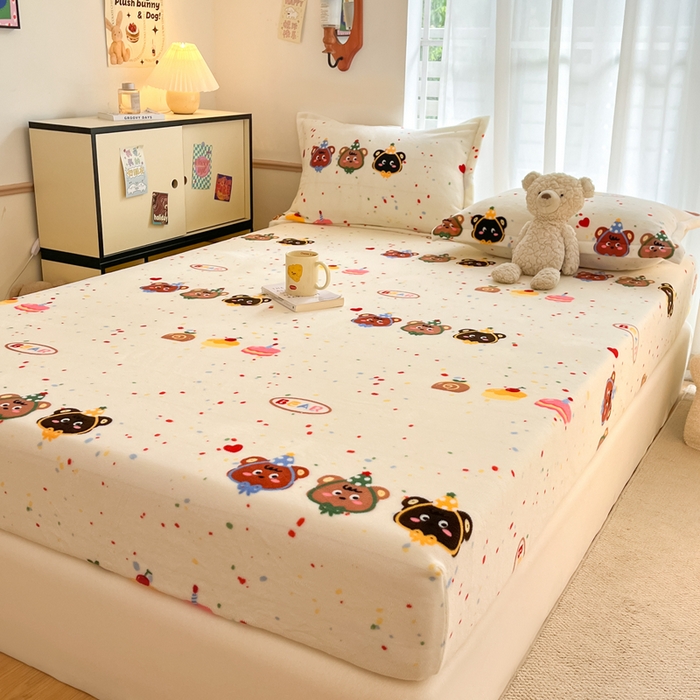 91家纺网 家纺一手货源 找家纺 寻米 2025新款高克重加厚保暖牛奶绒床笠-大床图 彩虹小熊