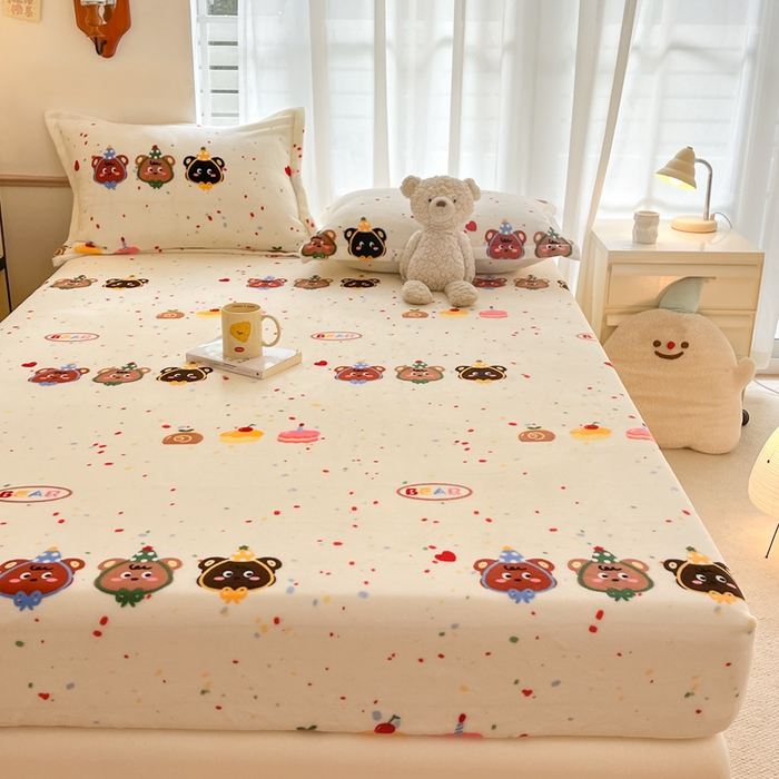 91家纺网 家纺一手货源 找家纺 寻米 2025新款高克重加厚保暖牛奶绒床笠-大床图 彩虹小熊