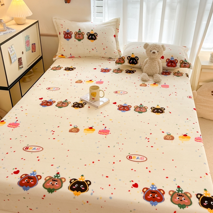 91家纺网 家纺一手货源 找家纺 寻米 2025新款高克重加厚保暖牛奶绒床笠-大床图 彩虹小熊