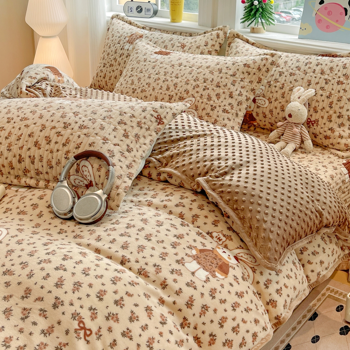 91家纺网 家纺一手货源 找家纺 元熙 2025新款印花小清新韩国绒牛奶绒豆豆床盖四件套-织梦时空