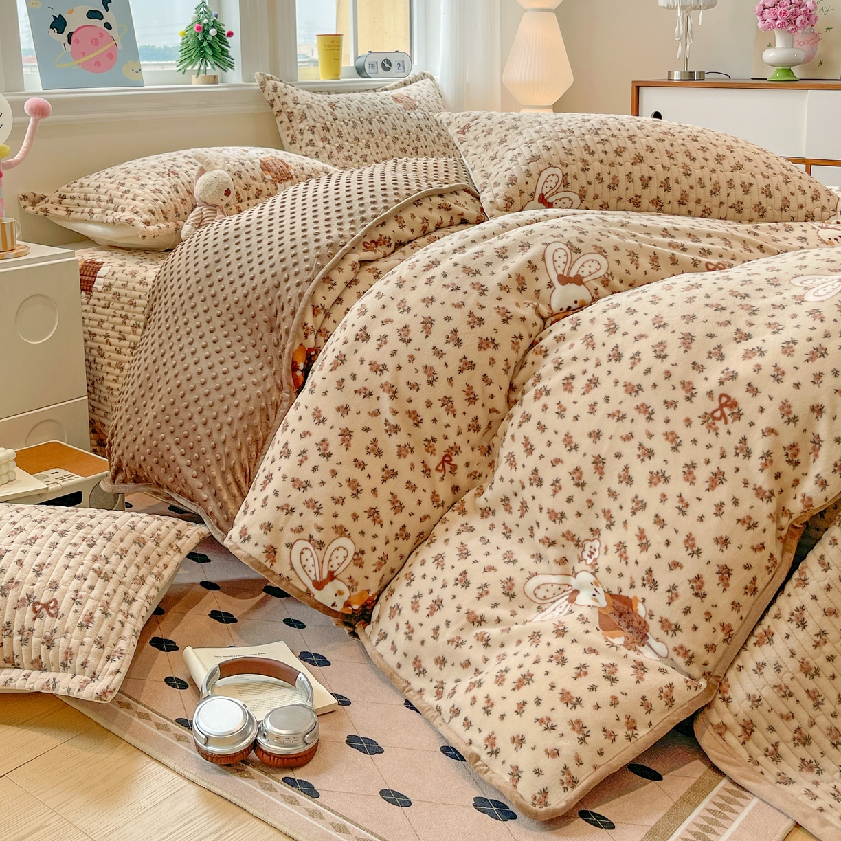 91家纺网 家纺一手货源 找家纺 元熙 2025新款印花小清新韩国绒牛奶绒豆豆床盖四件套-织梦时空