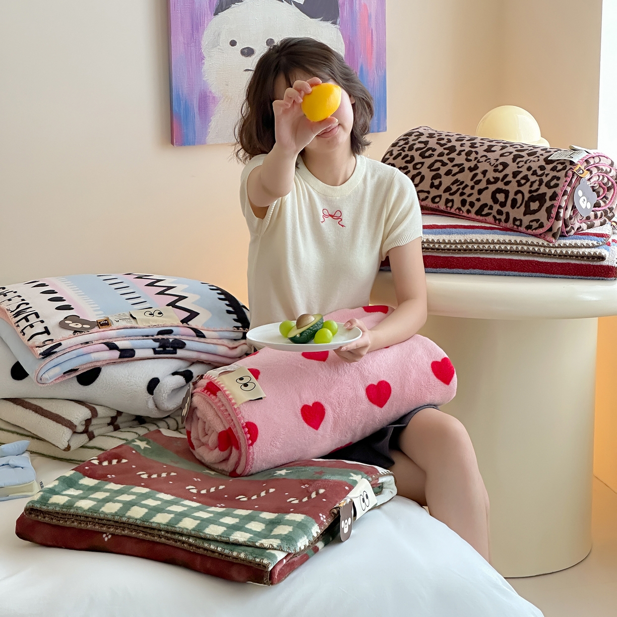 桃子家居 2025新款A类ins加厚半边绒米粒绒牛奶绒三角针贝壳边多功能毛毯毯子 组合图仅供展示不可下单