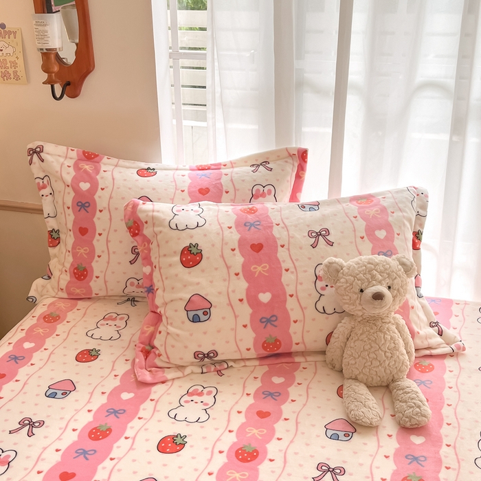 91家纺网 家纺一手货源 找家纺 寻米 2025新款高克重加厚保暖牛奶绒床笠-大床图 草莓兔兔