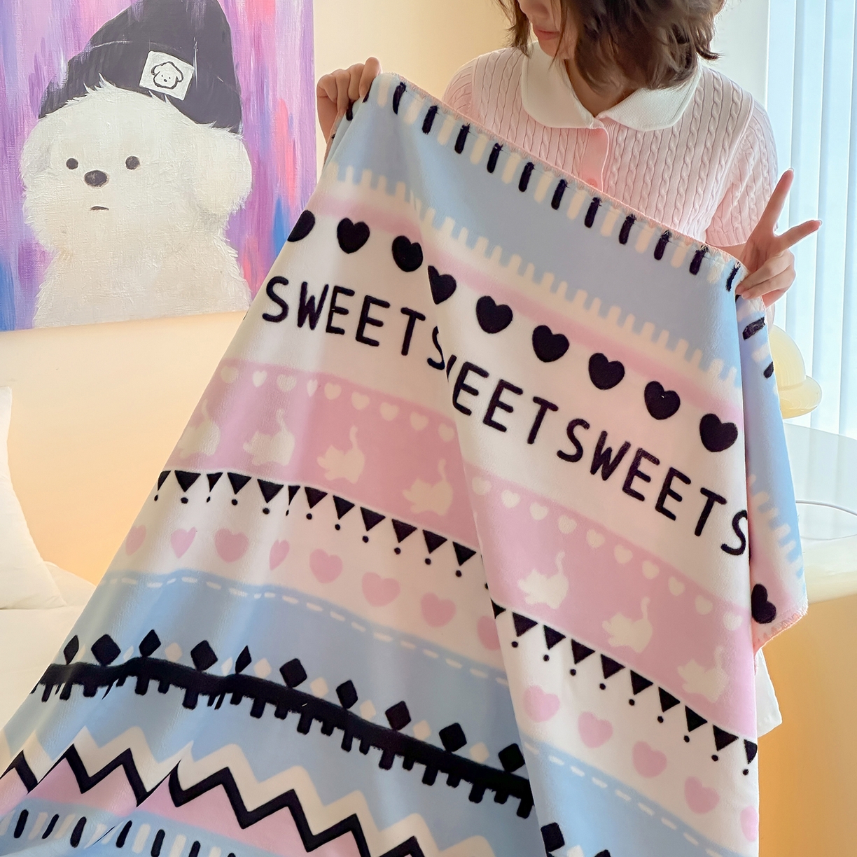 91家纺网 家纺一手货源 找家纺 桃子家居 2025新款A类ins加厚半边绒米粒绒牛奶绒三角针贝壳边多功能毛毯毯子 绒毛毯-三角针费尔岛粉