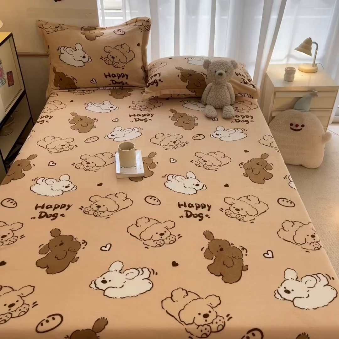 91家纺网 家纺一手货源 找家纺 寻米 2025新款高克重加厚保暖牛奶绒床笠-大床图 狗狗面包