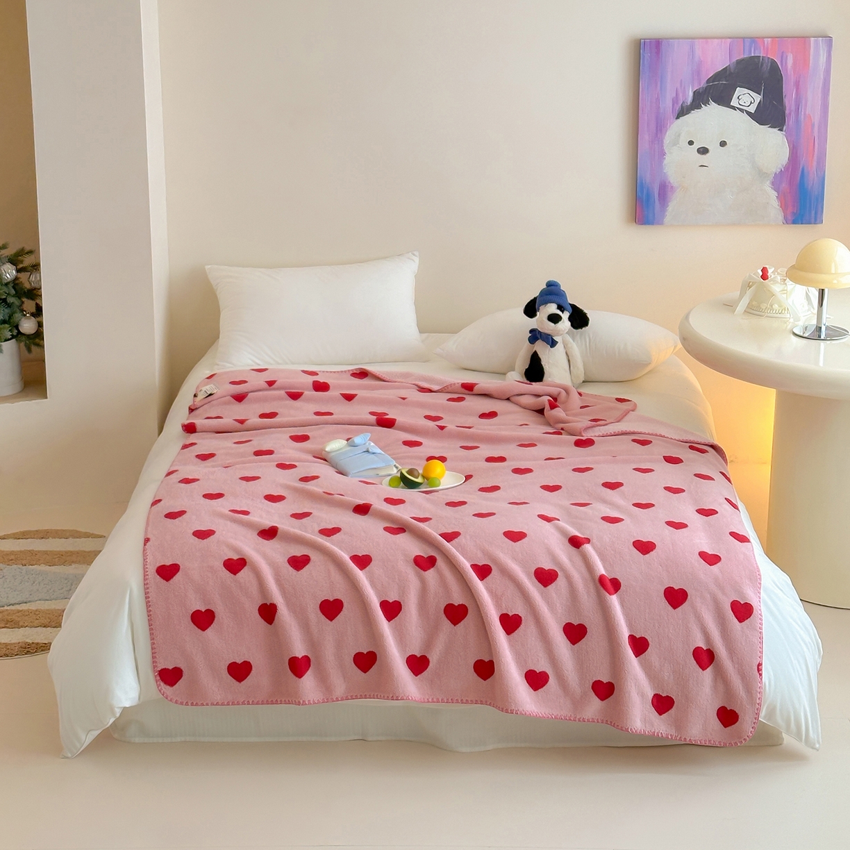 91家纺网 家纺一手货源 找家纺 桃子家居 2025新款A类ins加厚半边绒米粒绒牛奶绒三角针贝壳边多功能毛毯毯子 绒毛毯-三角针粉爱心