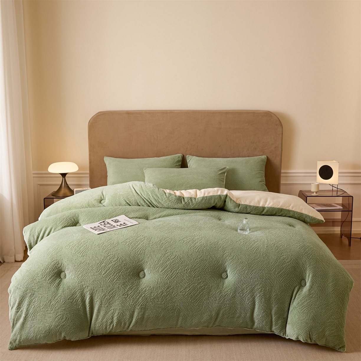 星座家纺 2025新款雕花绒被子被芯冬被 格纹-抹茶绿