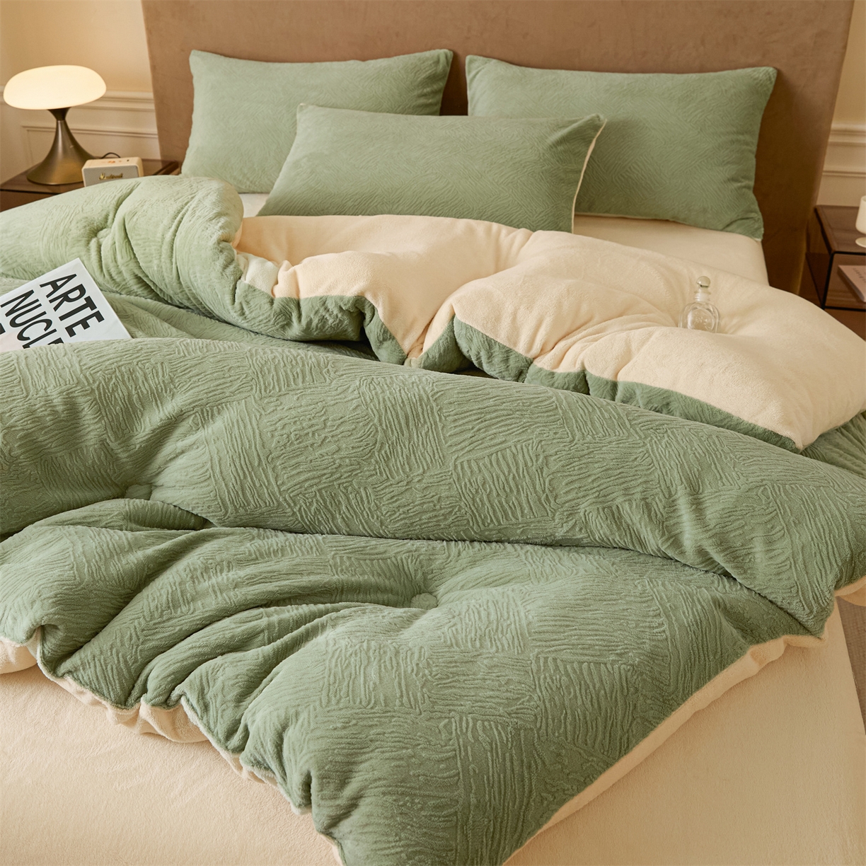 91家纺网 家纺一手货源 找家纺 星座家纺 2025新款雕花绒被子被芯冬被 格纹-抹茶绿