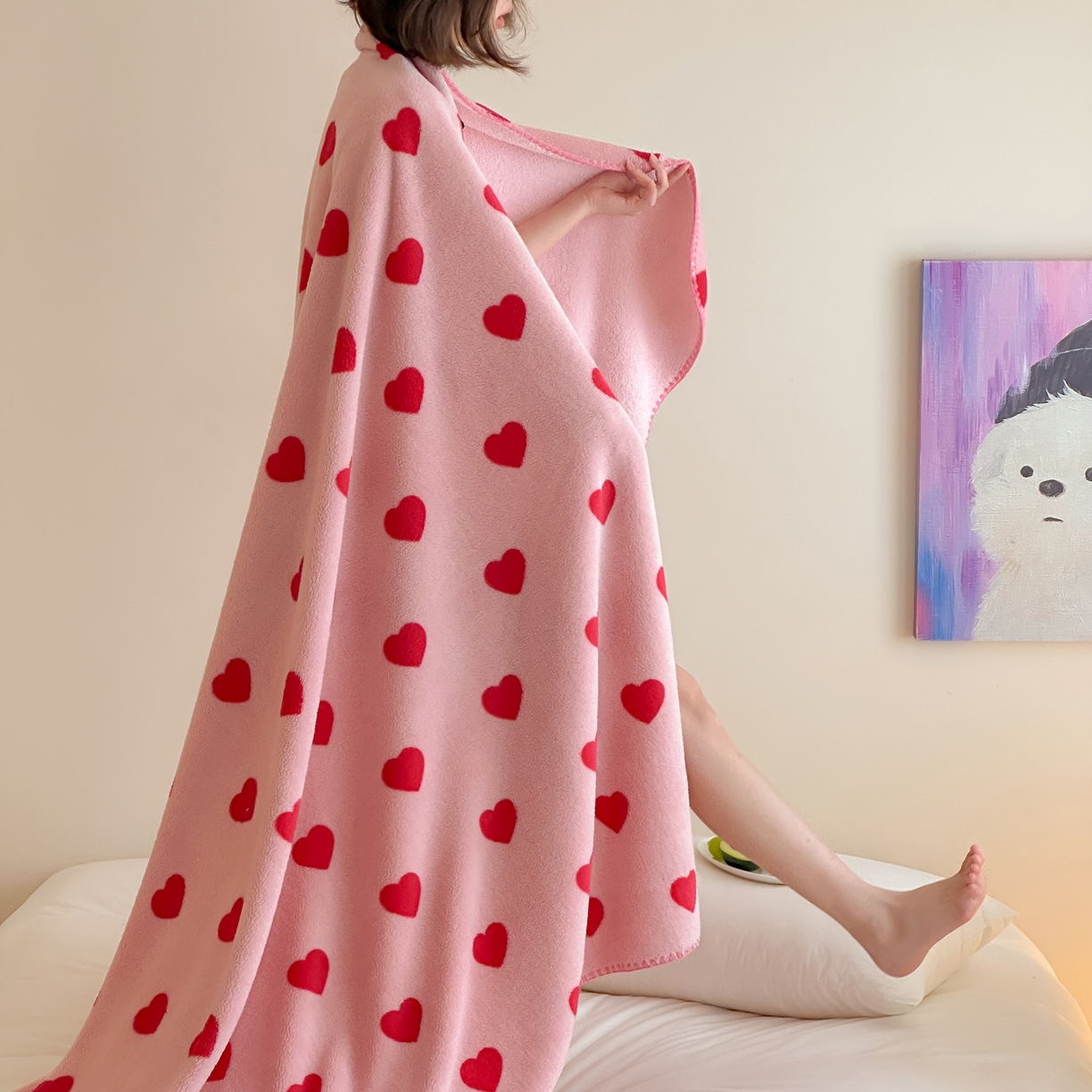 91家纺网 家纺一手货源 找家纺 桃子家居 2025新款A类ins加厚半边绒米粒绒牛奶绒三角针贝壳边多功能毛毯毯子 绒毛毯-三角针粉爱心