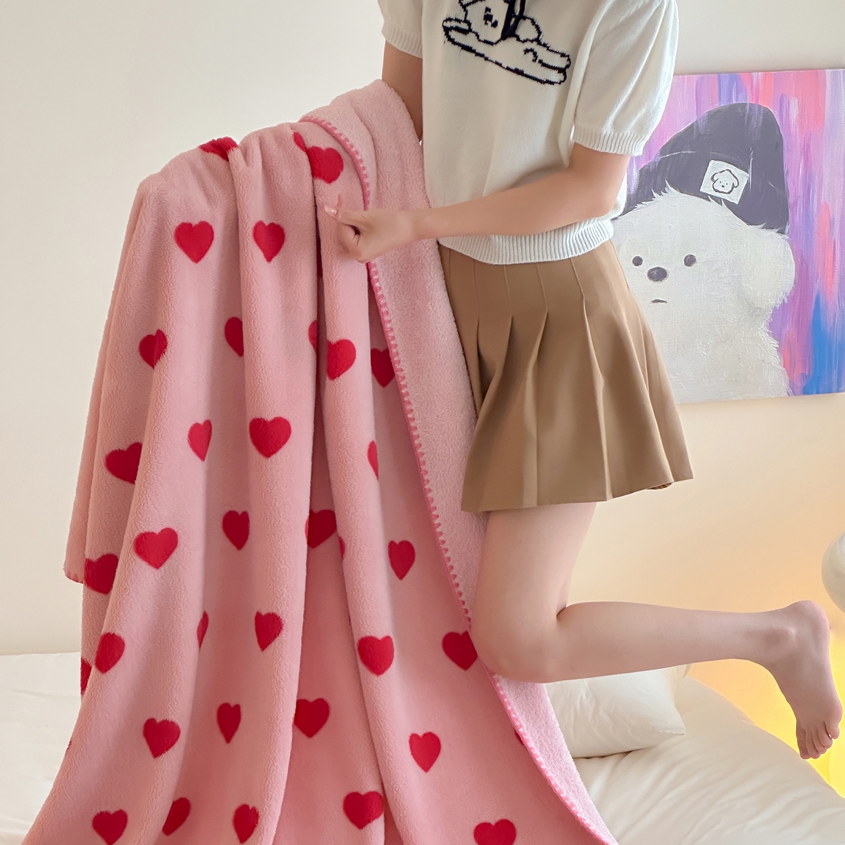 91家纺网 家纺一手货源 找家纺 桃子家居 2025新款A类ins加厚半边绒米粒绒牛奶绒三角针贝壳边多功能毛毯毯子 绒毛毯-三角针粉爱心