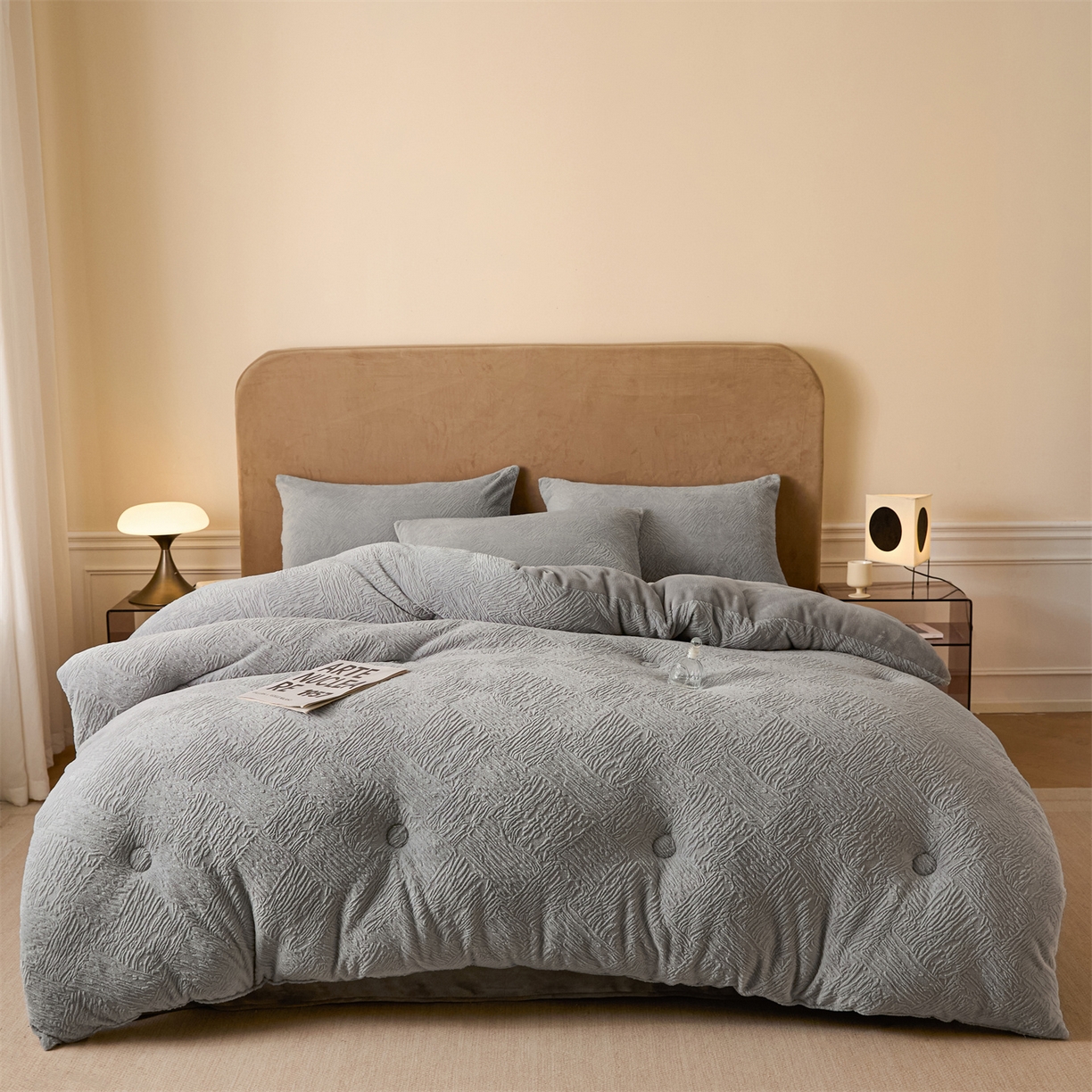 星座家纺 2025新款雕花绒被子被芯冬被 格纹--山灰