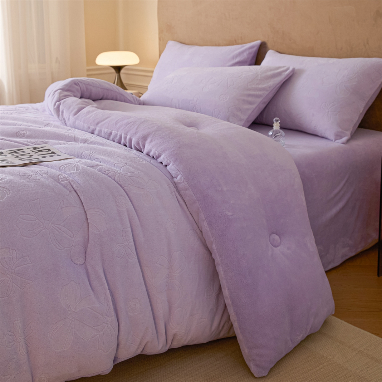 91家纺网 家纺一手货源 找家纺 星座家纺 2025新款雕花绒被子被芯冬被 蝴蝶结-紫