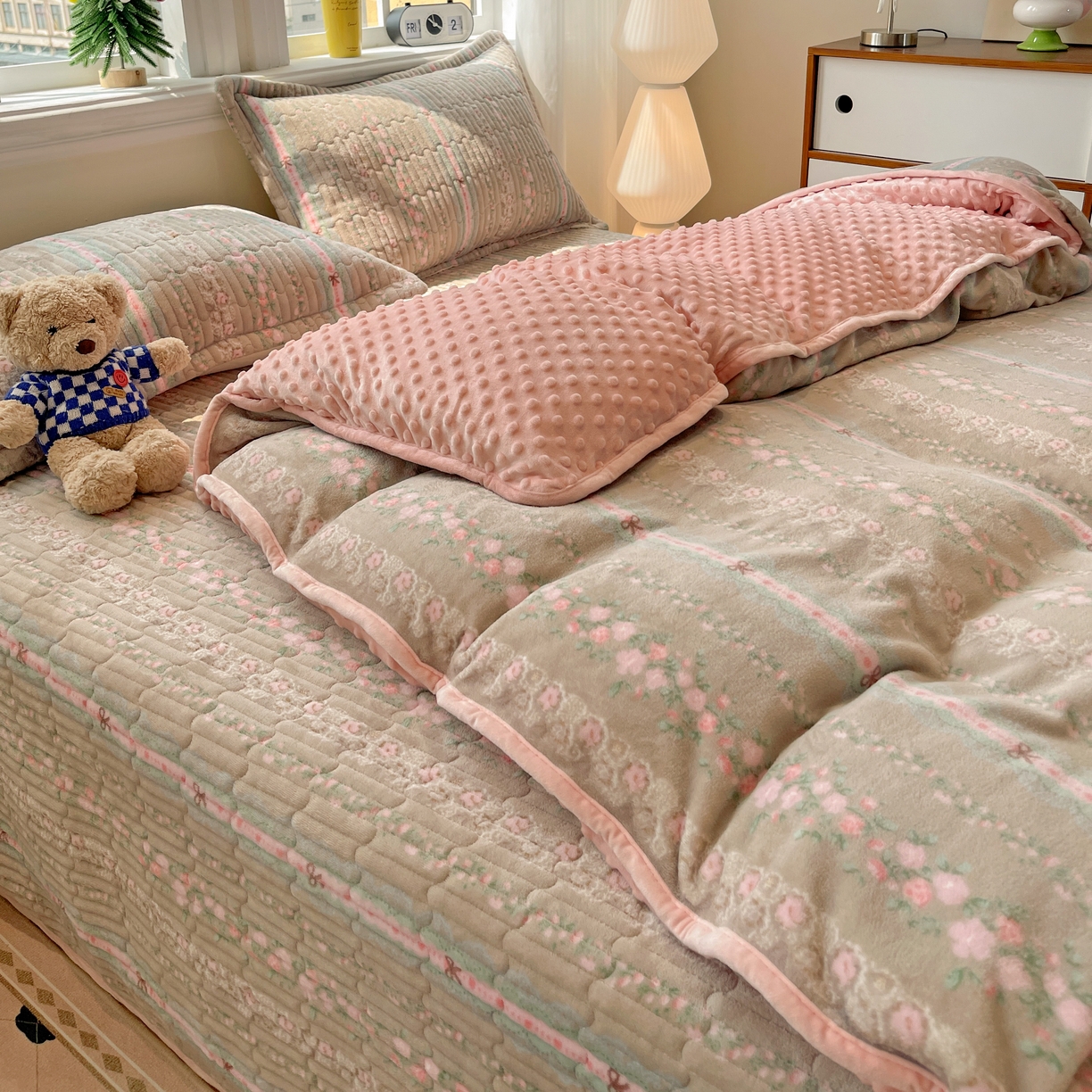 91家纺网 家纺一手货源 找家纺 元熙 2025新款印花小清新韩国绒牛奶绒豆豆床盖四件套-蔷薇粉