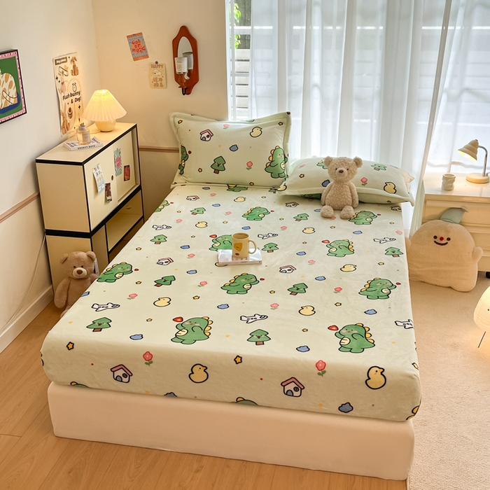 91家纺网 家纺一手货源 找家纺 寻米 2025新款高克重加厚保暖牛奶绒床笠-大床图 恐龙森林