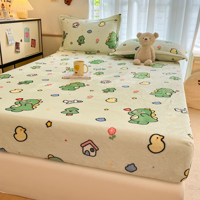 91家纺网 家纺一手货源 找家纺 寻米 2025新款高克重加厚保暖牛奶绒床笠-大床图 恐龙森林