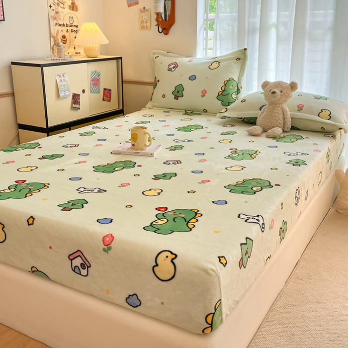 91家纺网 家纺一手货源 找家纺 寻米 2025新款高克重加厚保暖牛奶绒床笠-大床图 恐龙森林