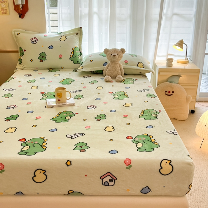 91家纺网 家纺一手货源 找家纺 寻米 2025新款高克重加厚保暖牛奶绒床笠-大床图 恐龙森林