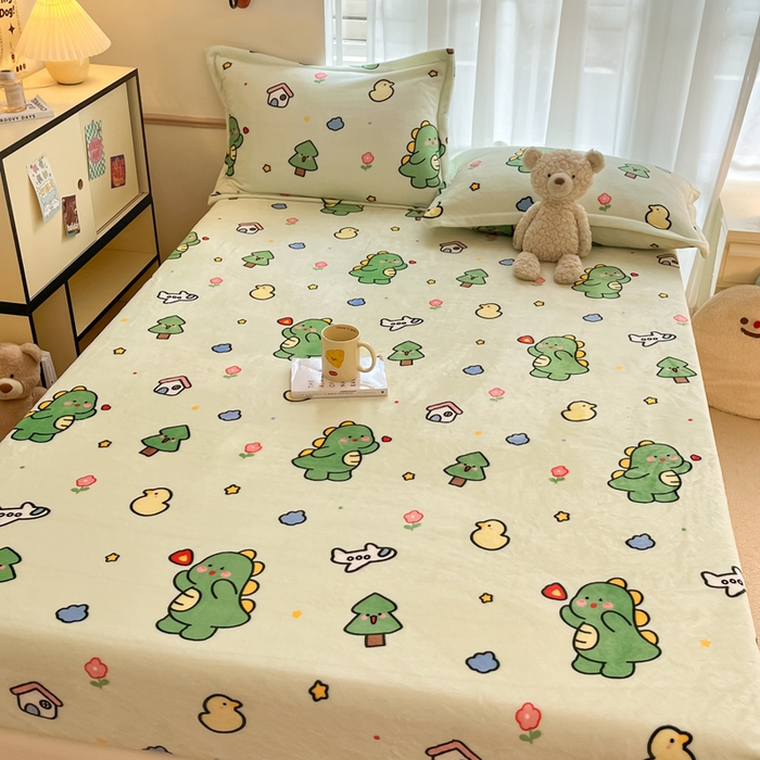 91家纺网 家纺一手货源 找家纺 寻米 2025新款高克重加厚保暖牛奶绒床笠-大床图 恐龙森林