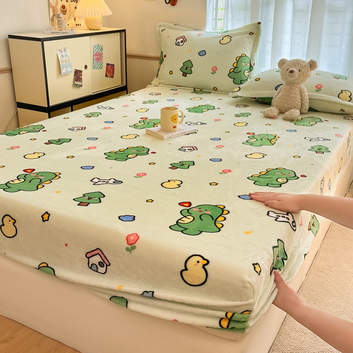 91家纺网 家纺一手货源 找家纺 寻米 2025新款高克重加厚保暖牛奶绒床笠-大床图 恐龙森林