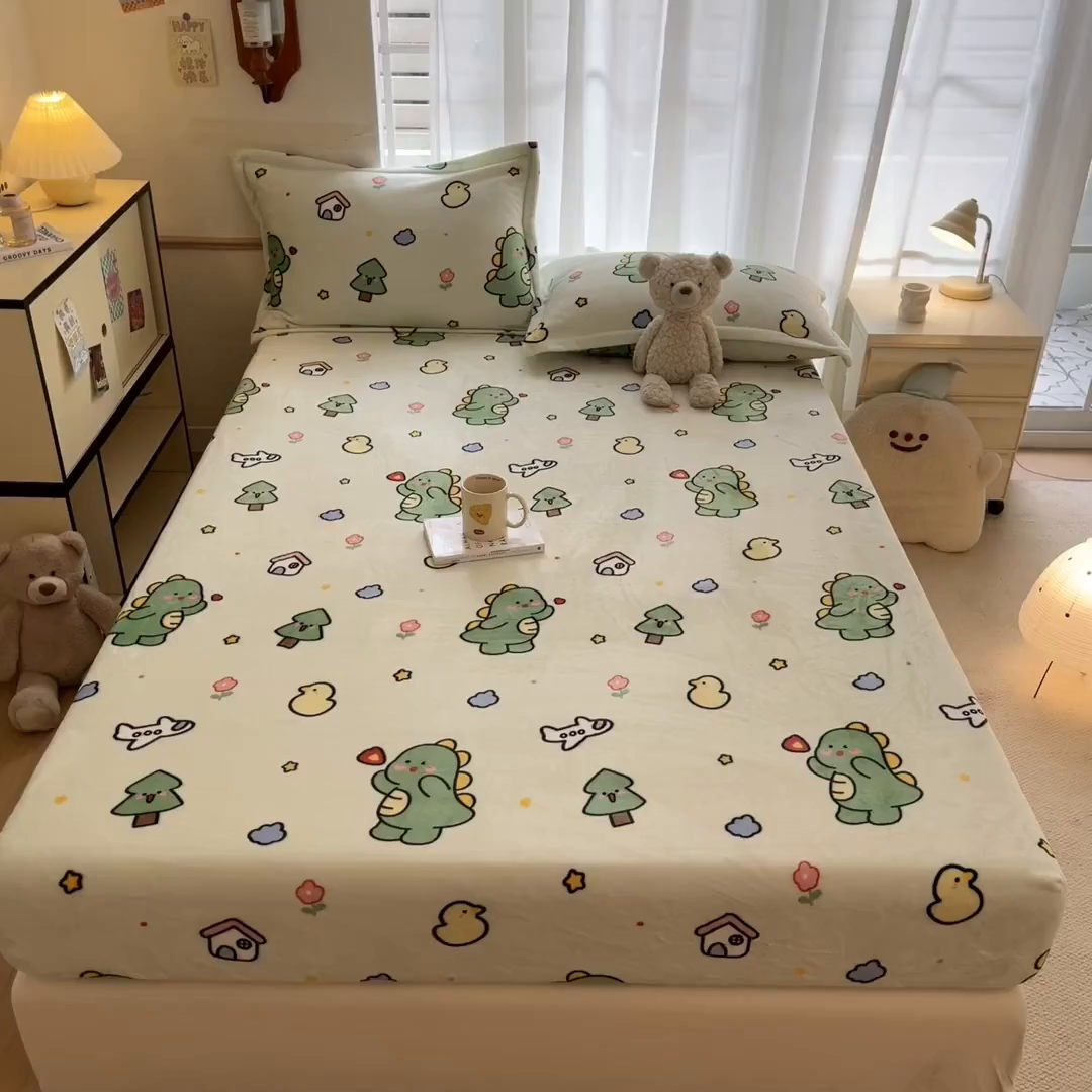 91家纺网 家纺一手货源 找家纺 寻米 2025新款高克重加厚保暖牛奶绒床笠-大床图 恐龙森林