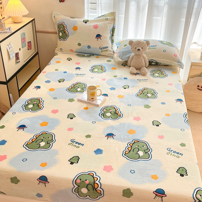 91家纺网 家纺一手货源 找家纺 寻米 2025新款高克重加厚保暖牛奶绒床笠-大床图 恐龙星球