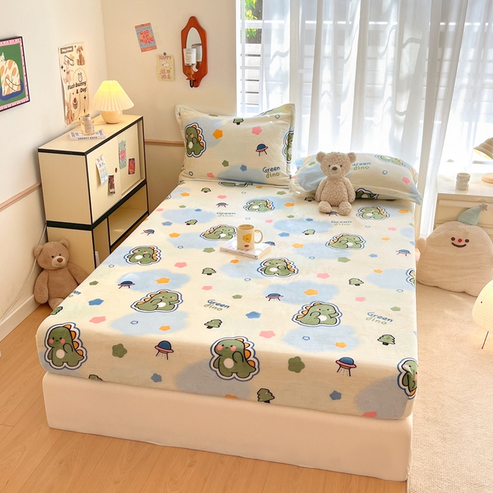 91家纺网 家纺一手货源 找家纺 寻米 2025新款高克重加厚保暖牛奶绒床笠-大床图 恐龙星球