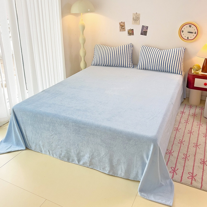 91家纺网 家纺一手货源 找家纺 芷凡家纺 2025新款牛奶绒加厚纯色条纹格子被套 牛奶绒被套-蓝条