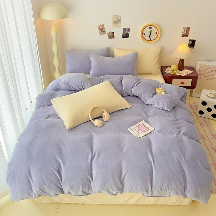 91家纺网 家纺一手货源 找家纺 芷凡家纺 2025新款牛奶绒加厚纯色条纹格子被套 牛奶绒被套-奶紫