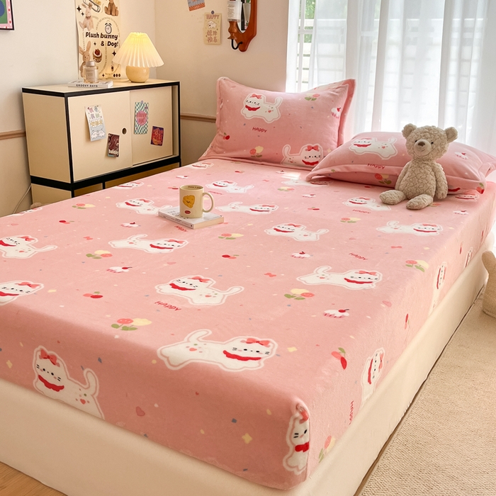 91家纺网 家纺一手货源 找家纺 寻米 2025新款高克重加厚保暖牛奶绒床笠-大床图 甜味小猫