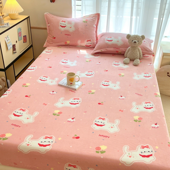 91家纺网 家纺一手货源 找家纺 寻米 2025新款高克重加厚保暖牛奶绒床笠-大床图 甜味小猫