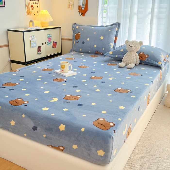 91家纺网 家纺一手货源 找家纺 寻米 2025新款高克重加厚保暖牛奶绒床笠-大床图 晚安小熊