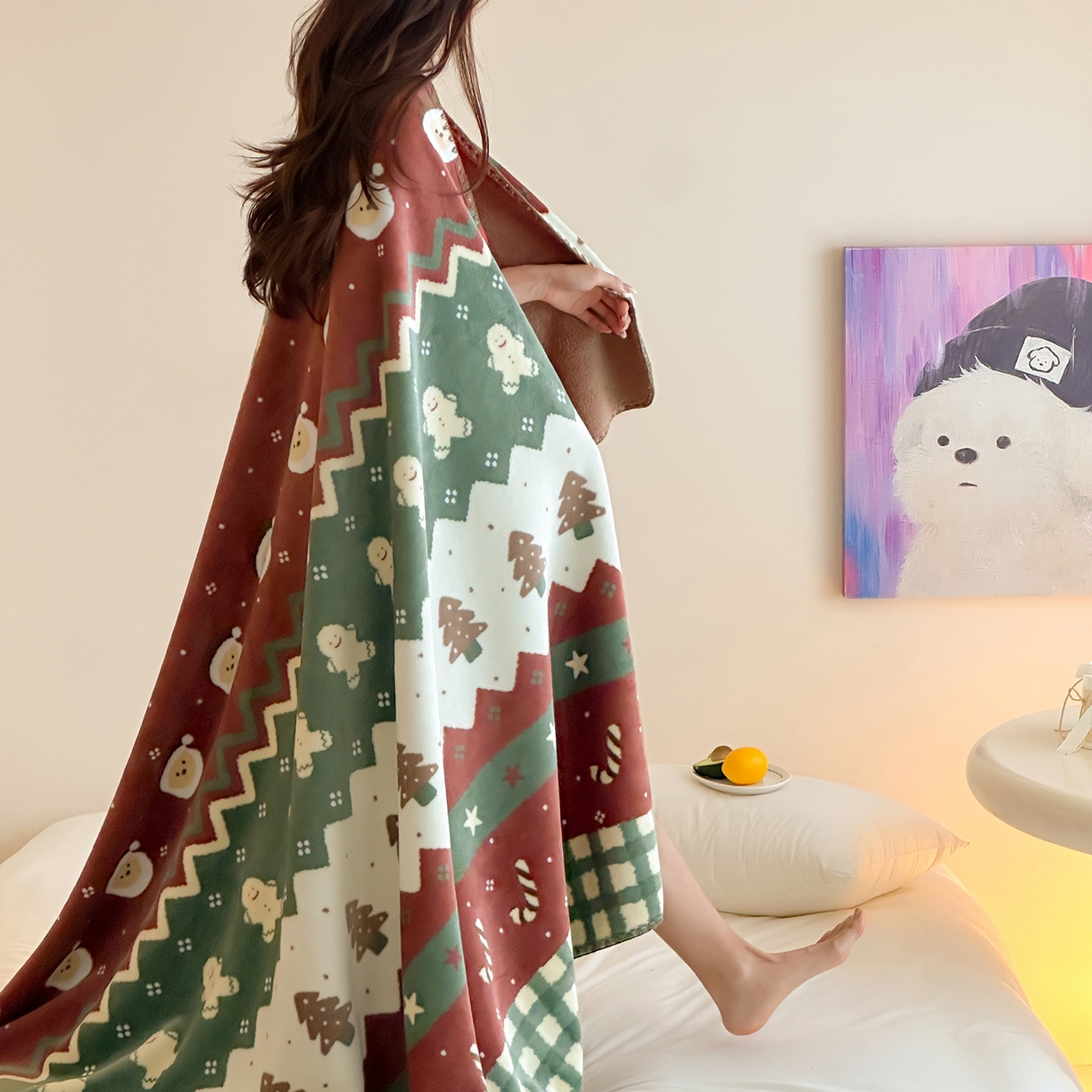 91家纺网 家纺一手货源 找家纺 桃子家居 2025新款A类ins加厚半边绒米粒绒牛奶绒三角针贝壳边多功能毛毯毯子 绒毛毯-三角针圣诞树