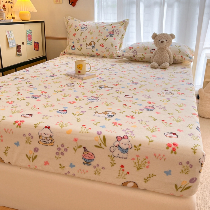 91家纺网 家纺一手货源 找家纺 寻米 2025新款高克重加厚保暖牛奶绒床笠-大床图 小狗茶园