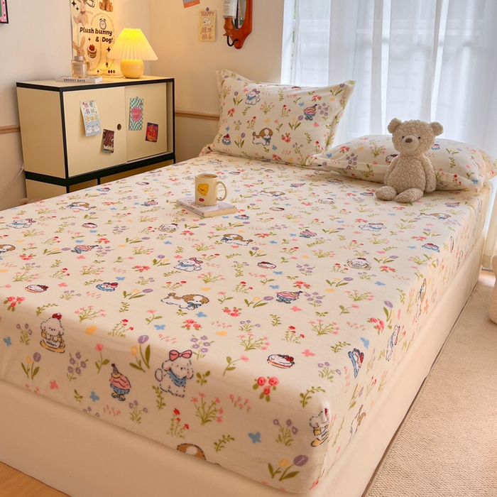 91家纺网 家纺一手货源 找家纺 寻米 2025新款高克重加厚保暖牛奶绒床笠-大床图 小狗茶园