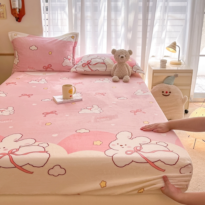 寻米 2025新款高克重加厚保暖牛奶绒床笠-大床图 云朵小兔