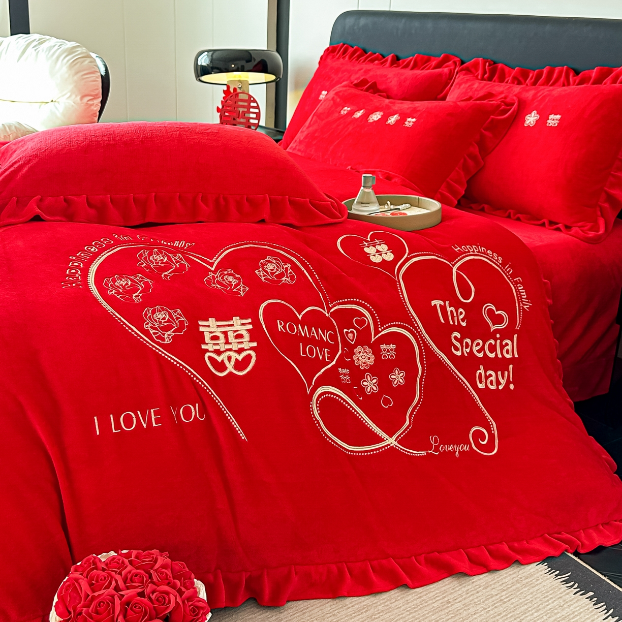 91家纺网 家纺一手货源 找家纺 （总）银石 2025新款230克全消光牛奶绒婚庆大红高克重四件套