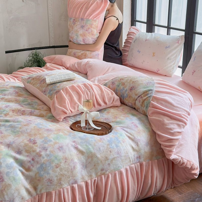 艾米家居 2025新款秋冬牛奶绒印花皱皱系列四件套提供买家秀 花开粉