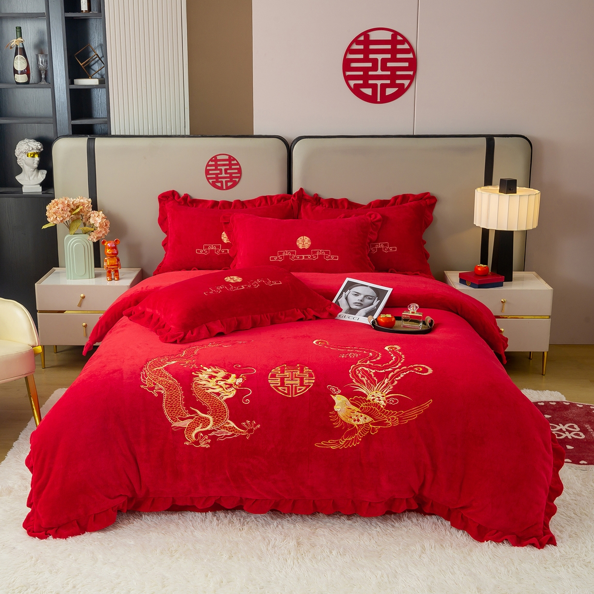 91家纺网 家纺一手货源 找家纺 （总）银石 2025新款230克全消光牛奶绒婚庆大红高克重四件套