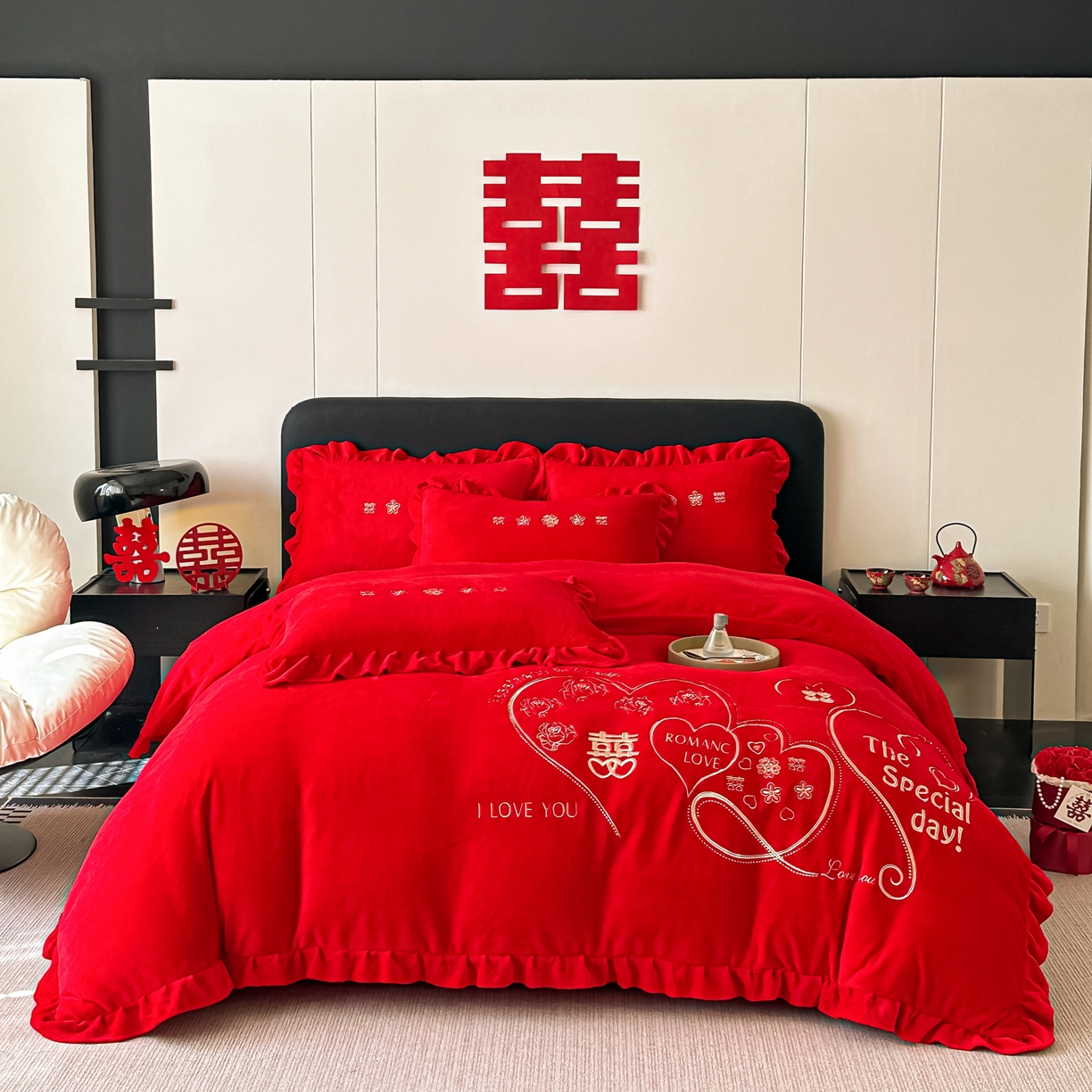 银石 2025新款230克全消光牛奶绒婚庆大红高克重四件套 浪漫约定