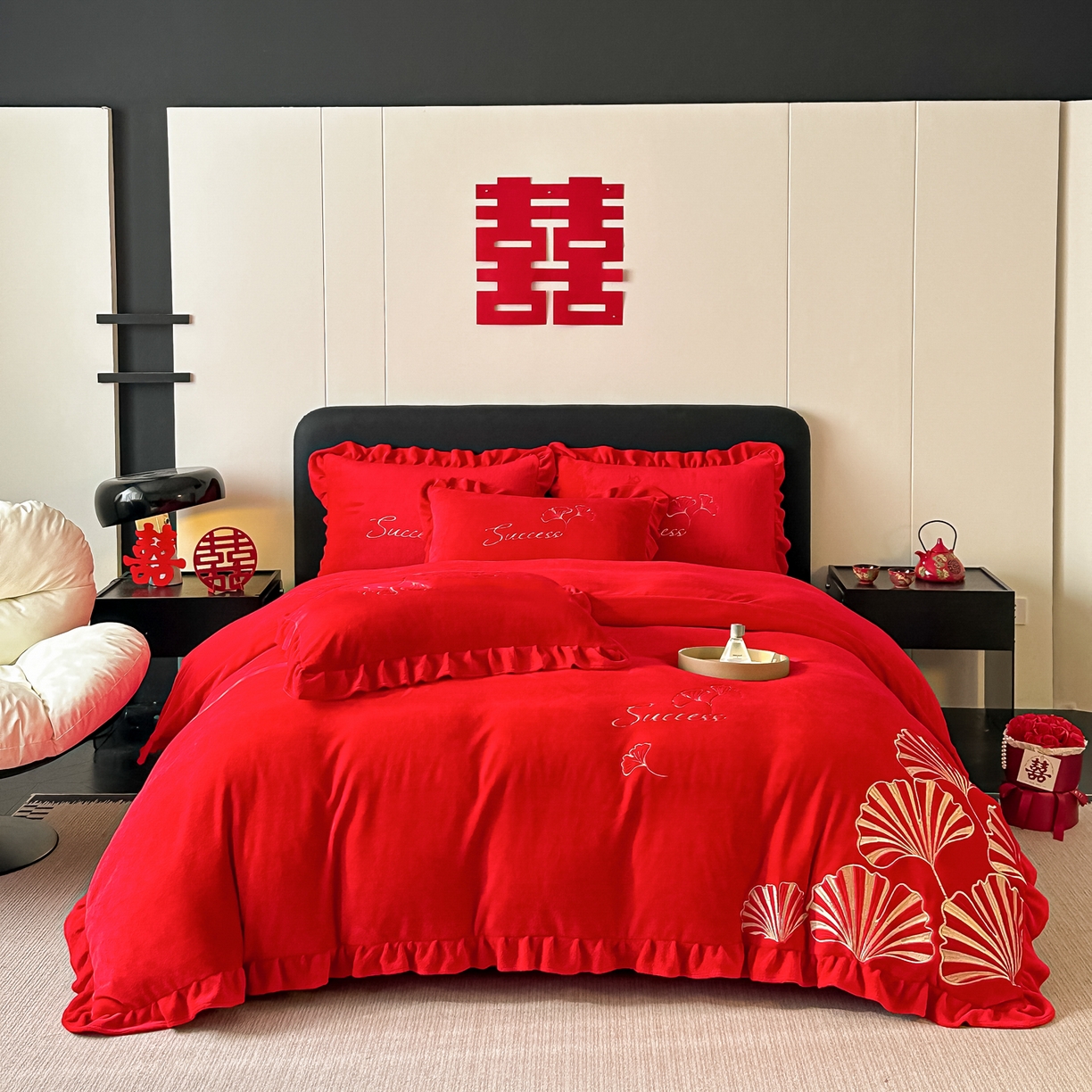 银石 2025新款230克全消光牛奶绒婚庆大红高克重四件套 百年好合