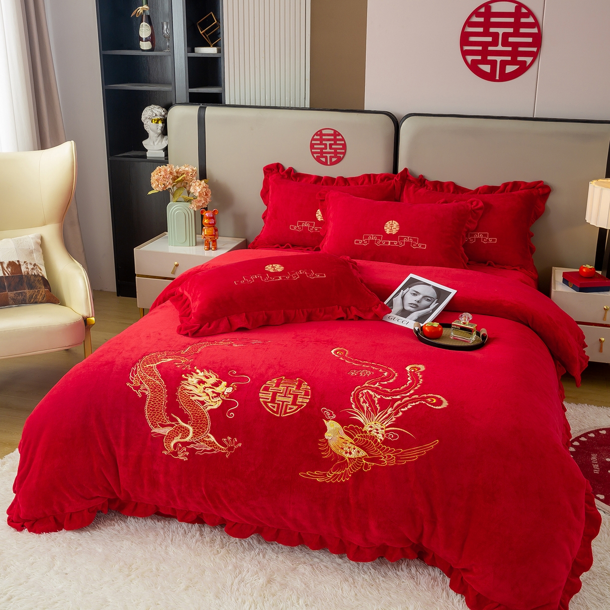 91家纺网 家纺一手货源 找家纺 银石 2025新款230克全消光牛奶绒婚庆大红高克重四件套 龙凤呈祥