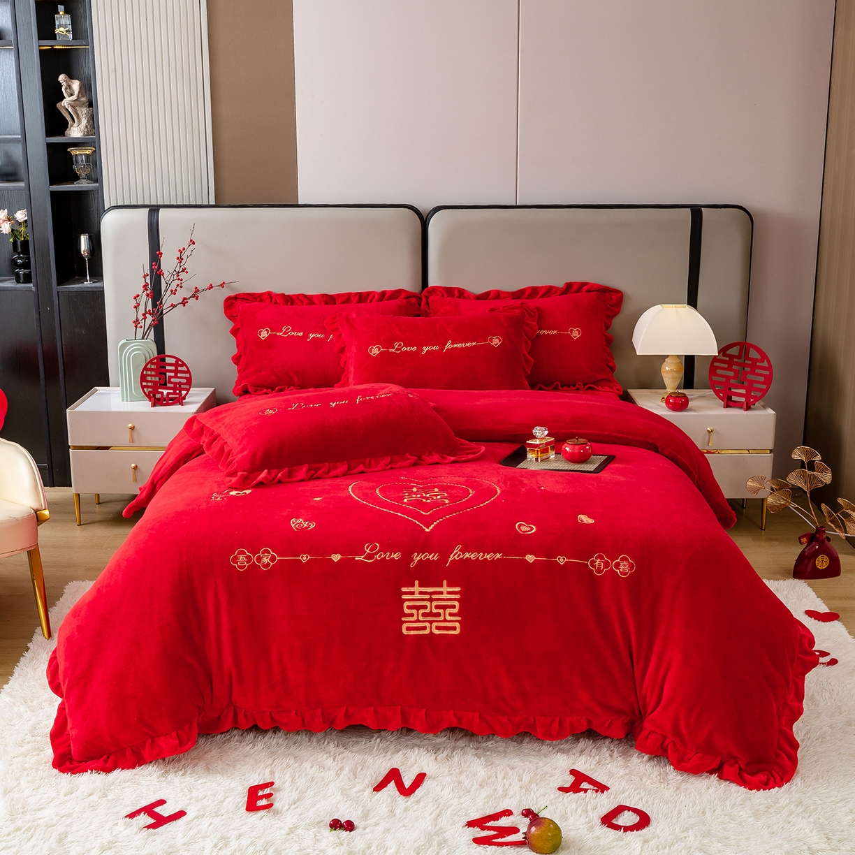 银石 2025新款230克全消光牛奶绒婚庆大红高克重四件套 心心相印