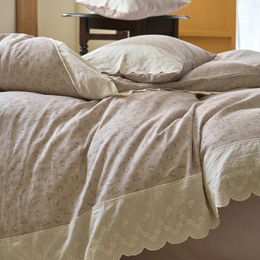 91家纺网 家纺一手货源 找家纺 （总）洋铭区（原狠狠爱） 2025新款A类全棉蕾丝花边双层纱四件套