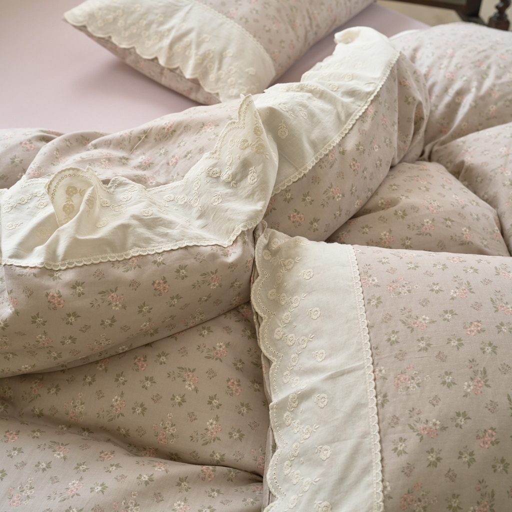 91家纺网 家纺一手货源 找家纺 （总）洋铭区（原狠狠爱） 2025新款A类全棉蕾丝花边双层纱四件套