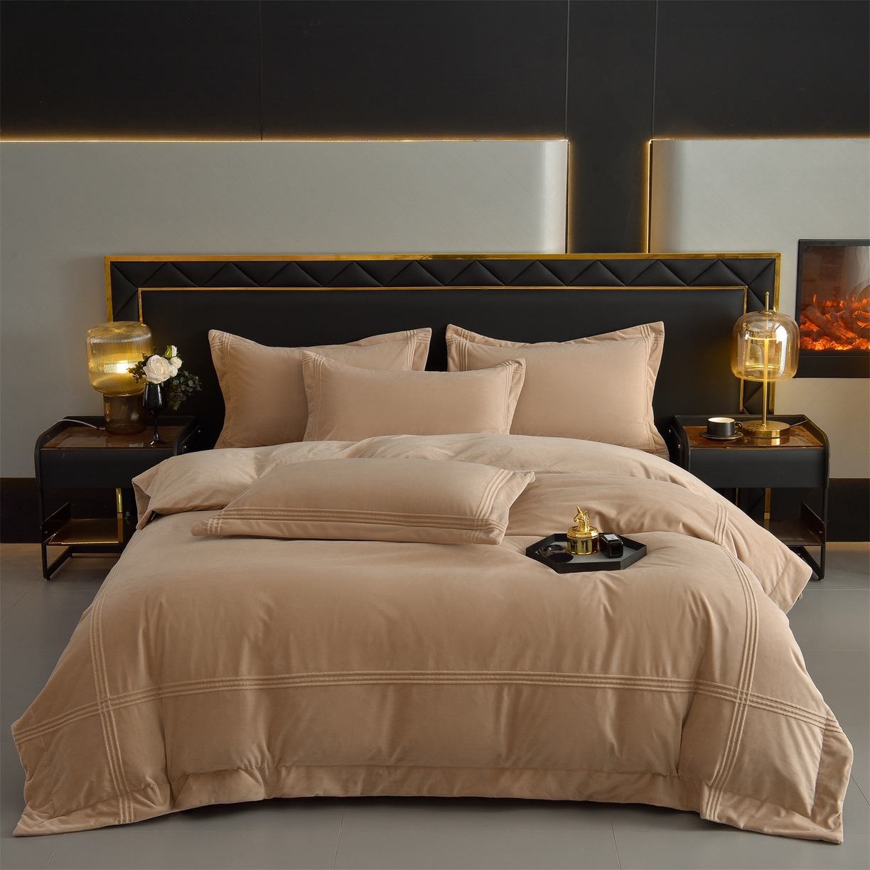 91家纺网 家纺一手货源 找家纺 笙意家纺 2025新款A类加厚牛奶绒埋线烂花款四件套-奈斯系列 奈斯-奶油棕