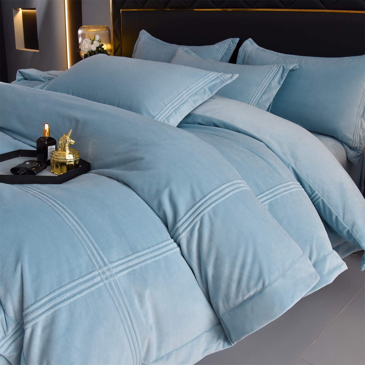 笙意家纺 2025新款A类加厚牛奶绒埋线烂花款四件套-奈斯系列 奈斯-月光蓝