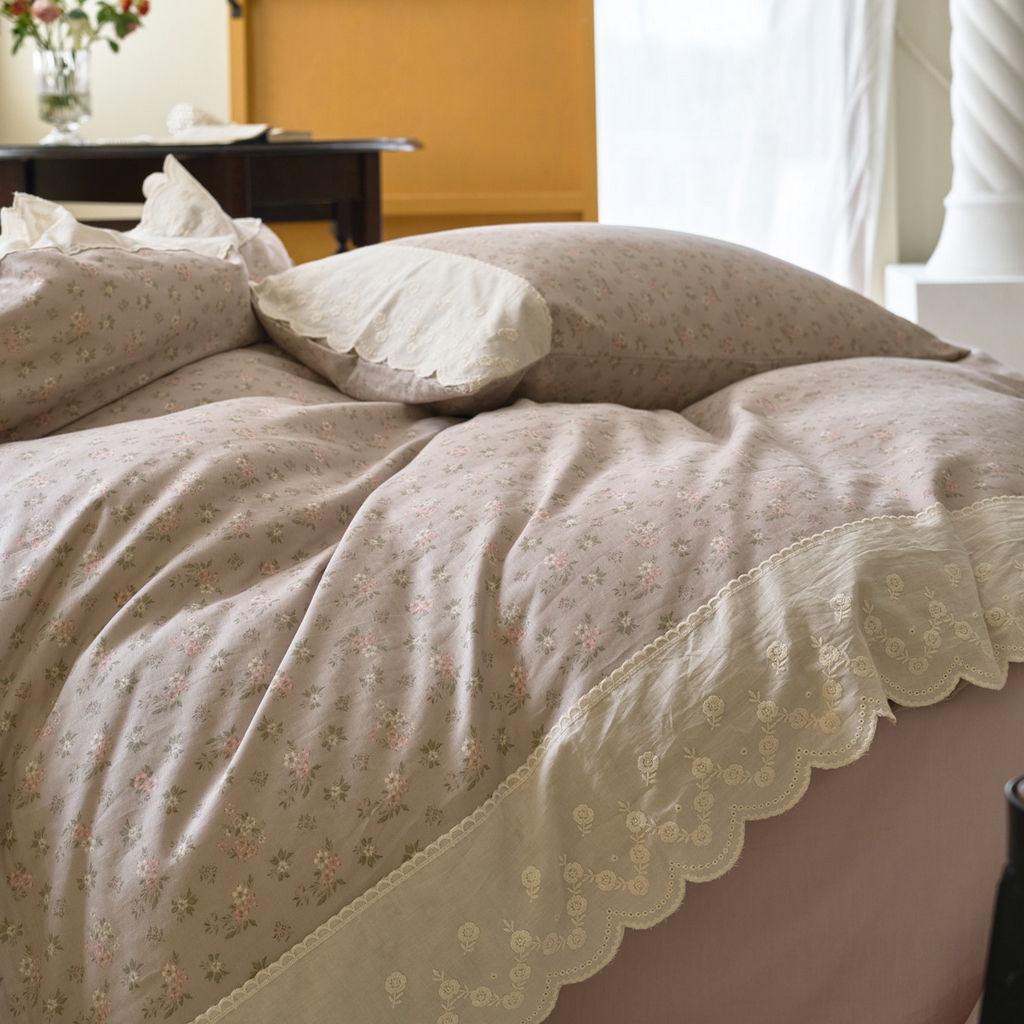 91家纺网 家纺一手货源 找家纺 洋铭区（原狠狠爱） 2025新款A类全棉蕾丝花边双层纱四件套 风信花语